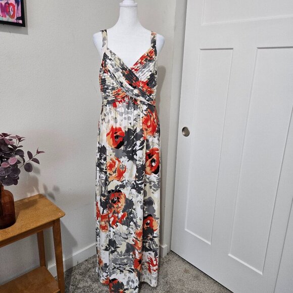 Robbie Bee Orange Gray Floral Sleeveless Maxi Criss Cross Front Medium - Picture 1 of 11